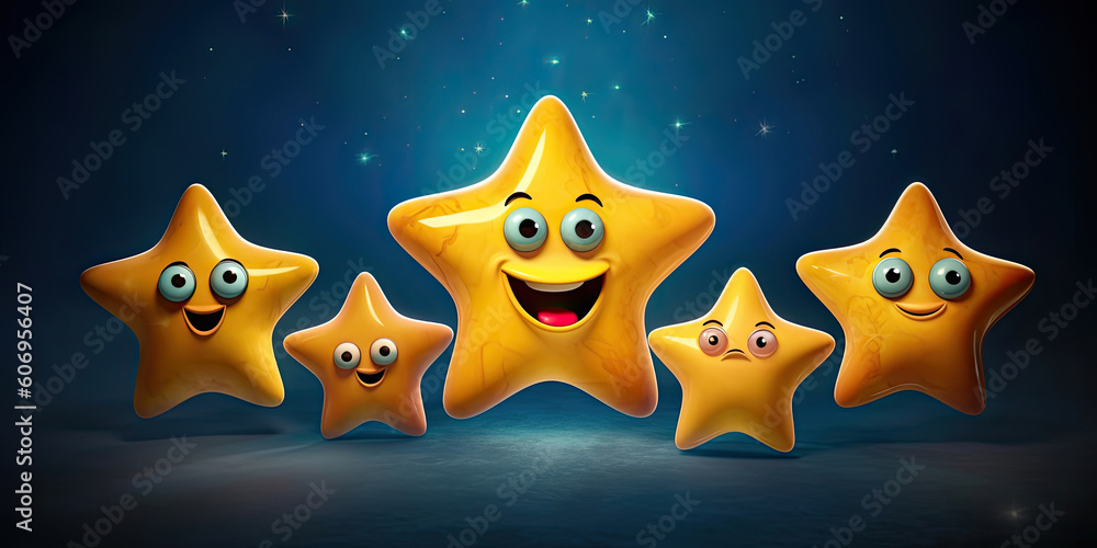 Five golden stars with faces, cartoon rating stars, Generative AI