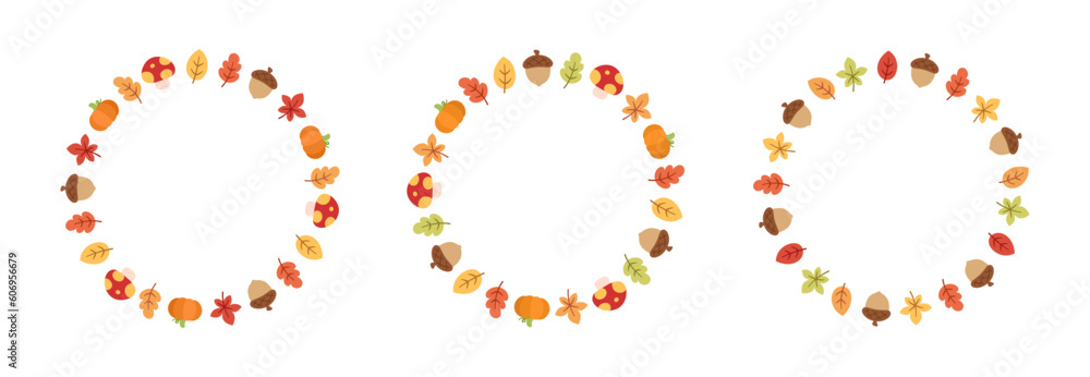 Autumn leaves round frame set. Wreath of fall elements, Halloween, Thanksgiving border template. Vector illustration.