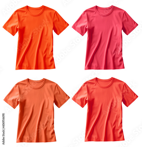 Set of pink orange tee t shirt round neck on transparent background cutout, PNG file. Mockup template for artwork graphic design