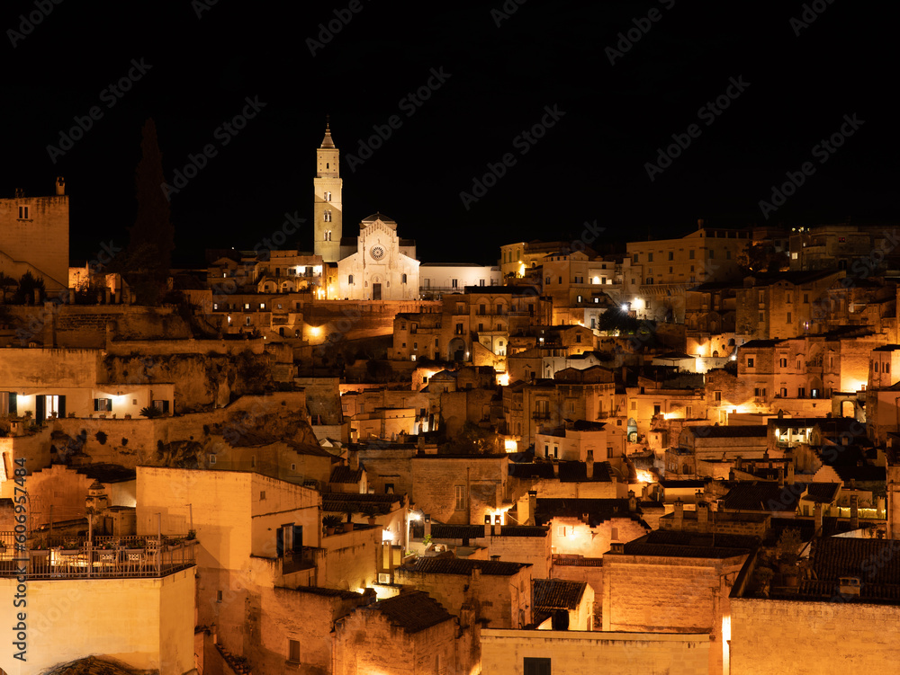 Matera, Italy. Amazing view of the Sassi of Matera at night. Landscape of the historical part of the town. An Unesco World Heritage Site. Touristic destination