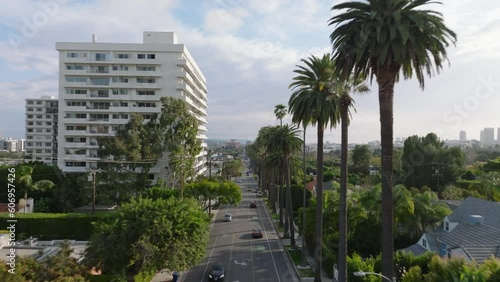 Forwards fly above street lined with tall palm trees. Multistorey apartment building and luxury residencies in Beverly Hills.