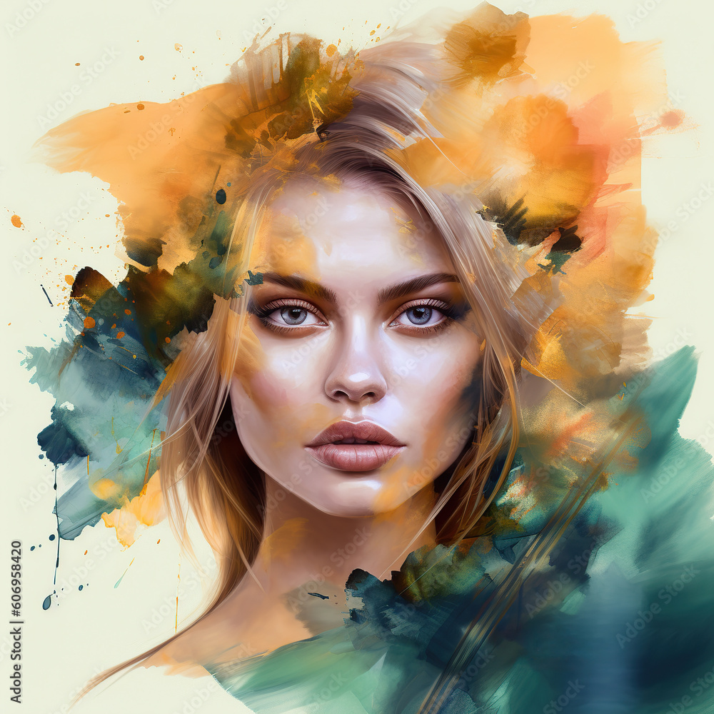 Beautiful woman on colorful background, watercolor fashion illustration 