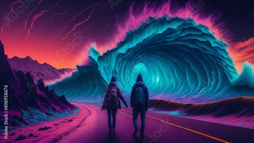 couple standing on road side huge sea wave  Generative Ai