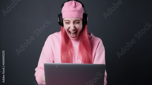 girl gamer rejoices celebrates the victory in the computer game esports woman cybersports pink background