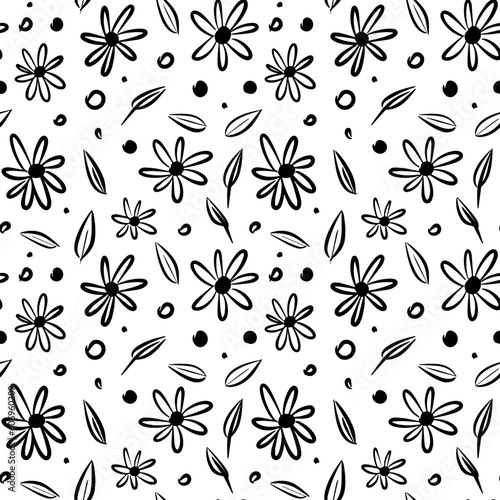 Vector seamless hand drawn flowers pattern. Floral card with leaves