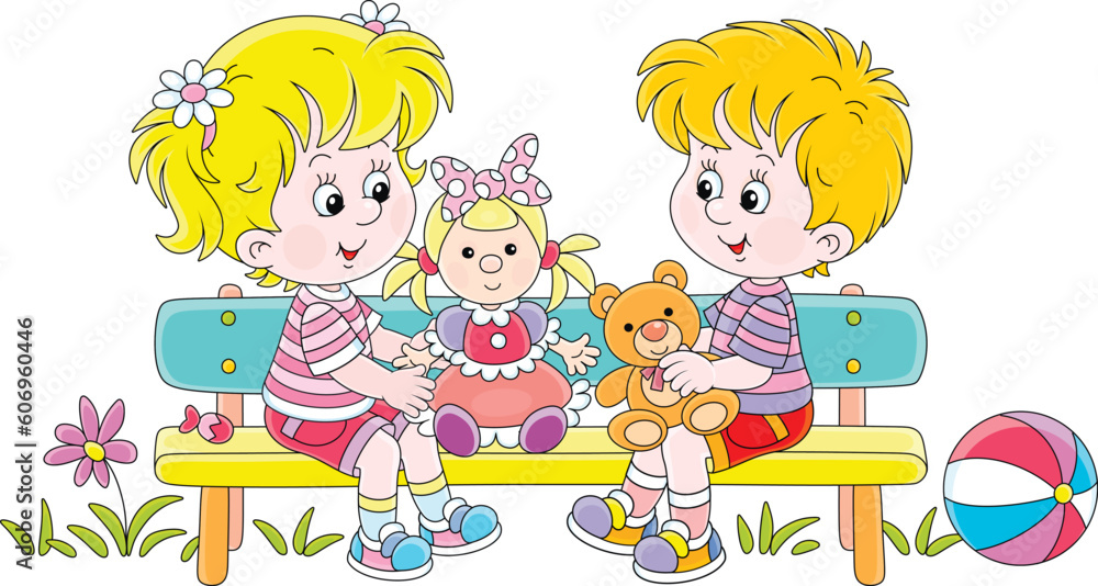 Happy little girl and boy with their funny toys sitting on a colorful small bench and merrily chatting on a warm summer day in a park, vector cartoon illustration isolated on white Happy little girl and boy with their funny toys sitting on a colorful small bench and merrily chatting on a warm summer day in a park, vector cartoon illustration isolated on white