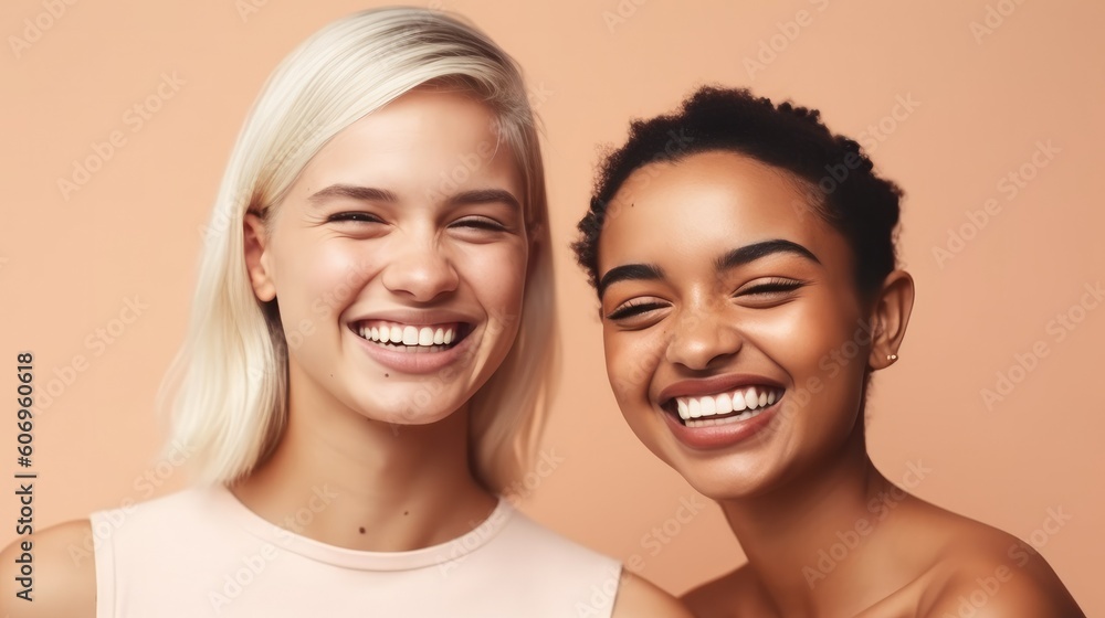 Girls woman multiracial multinational happy laughing on one color monochrome background pastel color Girls woman multiracial multinational happy laughing on one color monochrome background pastel color