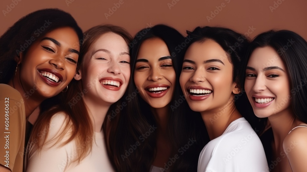Fototapeta premium Girls woman multiracial multinational happy laughing on one color monochrome background pastel color