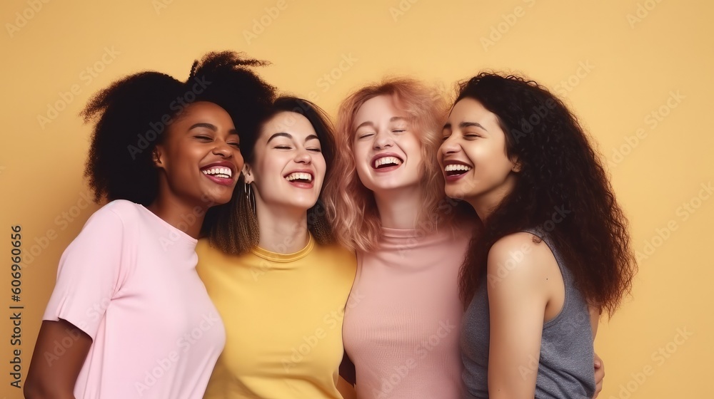 Obraz premium Girls woman multiracial multinational happy laughing on one color monochrome background pastel color