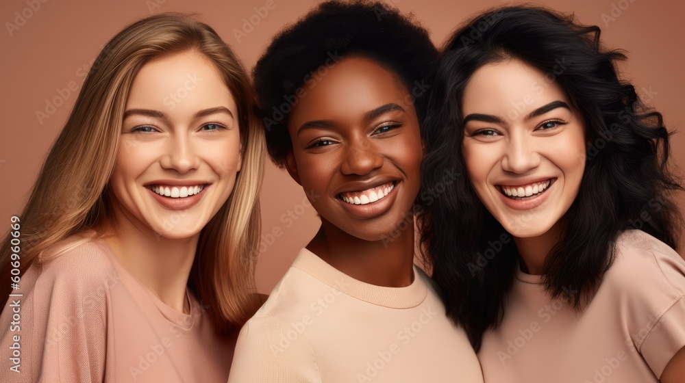 Girls woman multiracial multinational happy laughing on one color monochrome background pastel color Girls woman multiracial multinational happy laughing on one color monochrome background pastel color