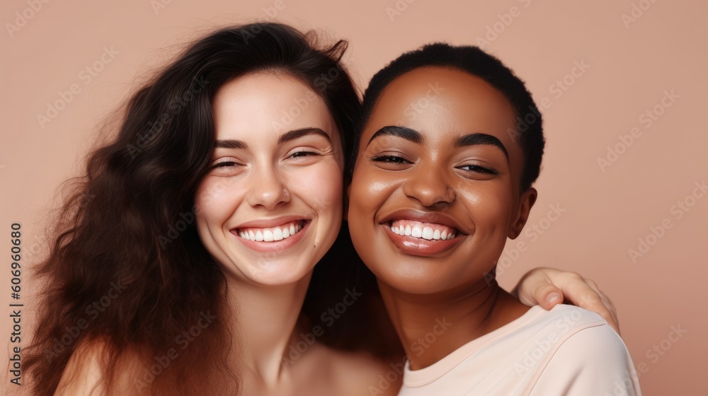 Girls woman multiracial multinational happy laughing on one color monochrome background pastel color Girls woman multiracial multinational happy laughing on one color monochrome background pastel color