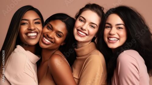 Girls woman multiracial multinational happy laughing on one color monochrome background pastel color
