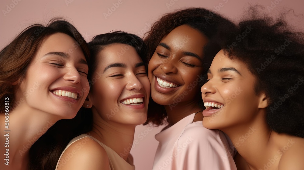 Girls woman multiracial multinational happy laughing on one color monochrome background pastel color Girls woman multiracial multinational happy laughing on one color monochrome background pastel color