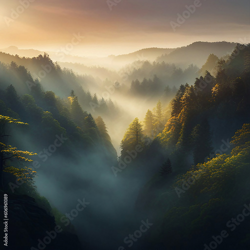 Aerial view of mysty foggy forest, created with generative AI technology photo