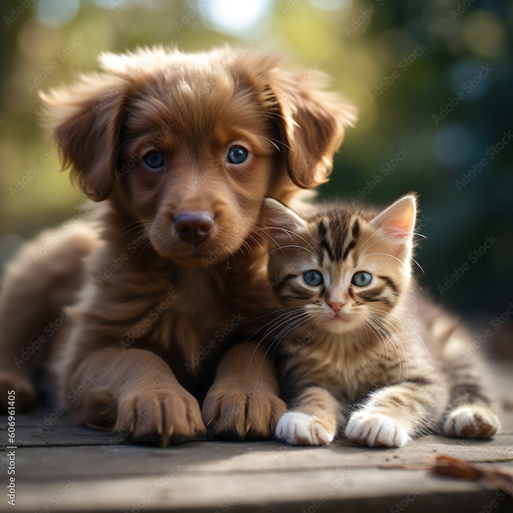 Best friends - kitten and small fluffy dog looking. Generative ai