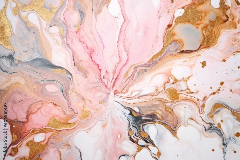 Abstract pink, gold, gray and white alcohol ink art background. Generative AI illustration
