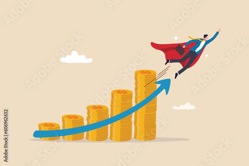 Murais de parede Money growth investment growing profit or compound interest, financial planning or increase revenue or income, wealth accumulation concept, success businessman superhero flying up money coins stack