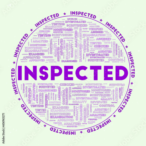 Inspected - round badge. Text inspected with keywords word clouds and circular text. Nebula color theme and grunge texture. Superb vector illustration.