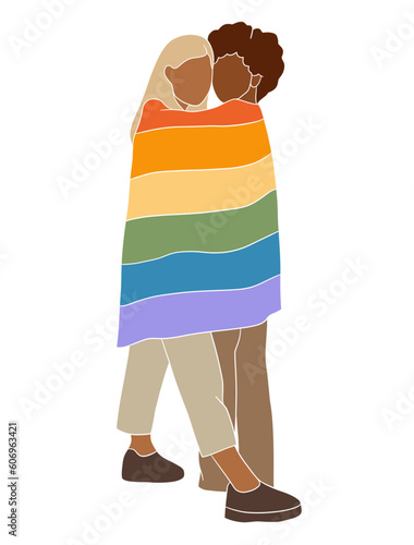 Abstract couple holding pride flag illustration. Vector illustration.