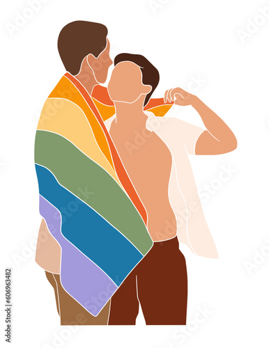 Abstract couple holding pride flag illustration. Vector illustration.