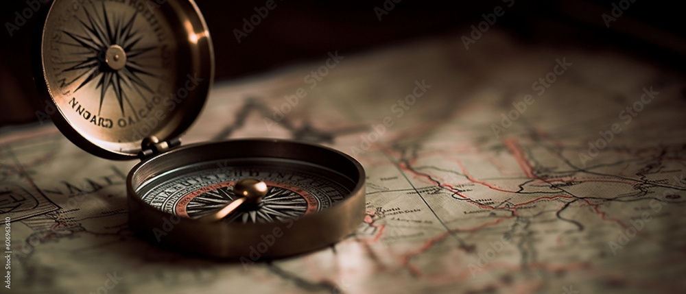 Compas In Depth A compass rests on top of a road map. Photographed with a very shallow ...