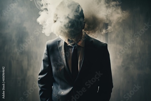 Emotional burnout of an office worker. Trendy colors  gradient gray and white background  creative concept of human brain and head with smoke  generative AI.
