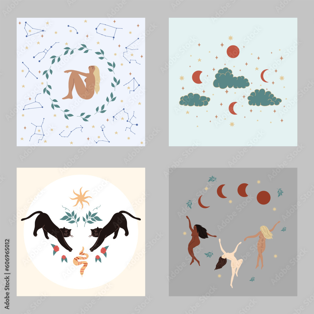 Vector witch magic color posters set. Witchcraft symbols.