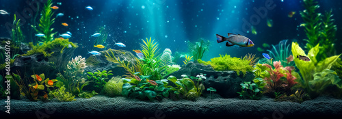 aquarium, colorful underwater world with fish and plants, banner with copy space, made with Generative AI © edojob