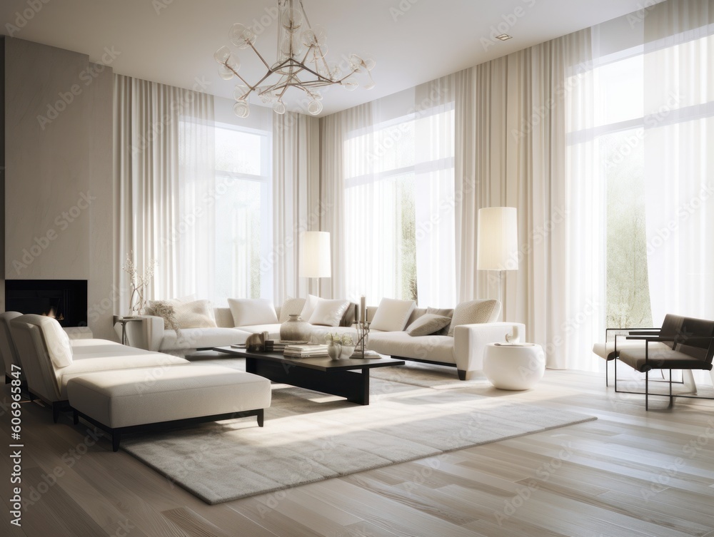 Minimal white modern living room with modern comfortable furniture. Generative AI
