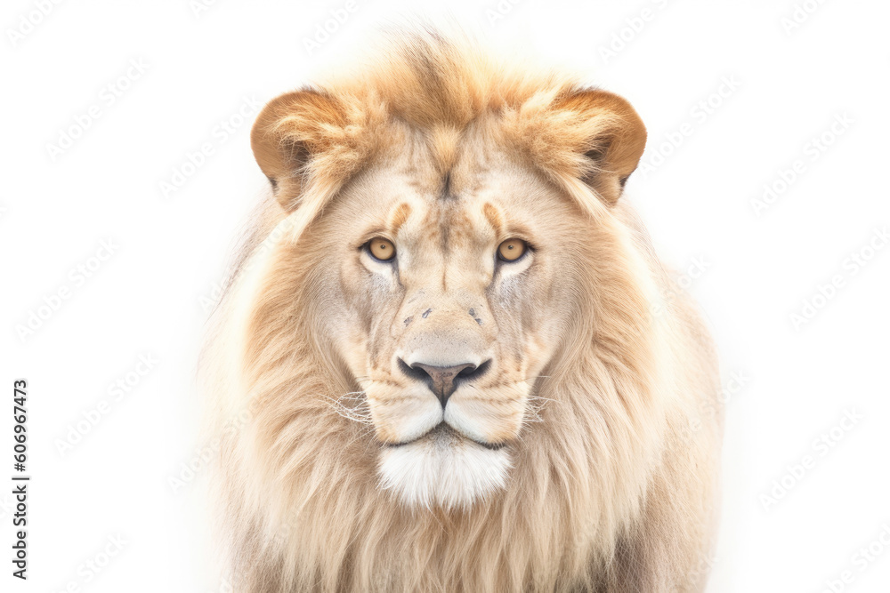 Portrait of a Male adult lion, Panthera Leo, isolated on white, Generative AI