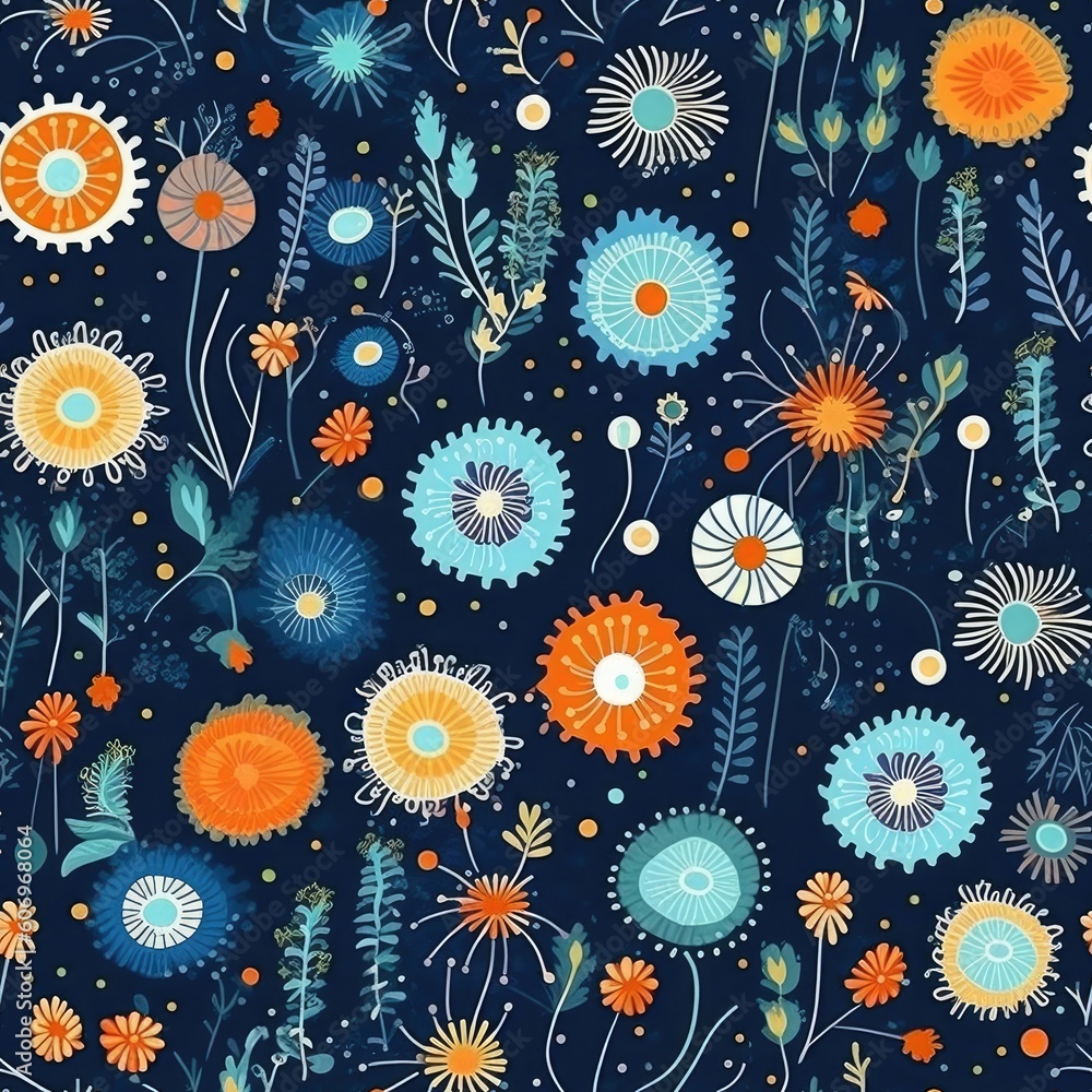 Celestial elements with earthly botanical elements like flowers, plants. Seamless pattern background for textiles, fabrics, covers, wallpapers, print, gift wrapping Celestial elements with earthly botanical elements like flowers, plants. Seamless pattern background for textiles, fabrics, covers, wallpapers, print, gift wrapping