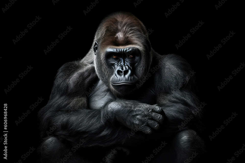 Beautiful Portrait of a Gorilla. Male gorilla on black background, Generative AI