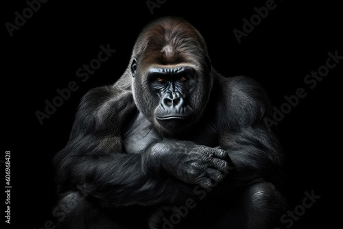 Beautiful Portrait of a Gorilla. Male gorilla on black background  Generative AI