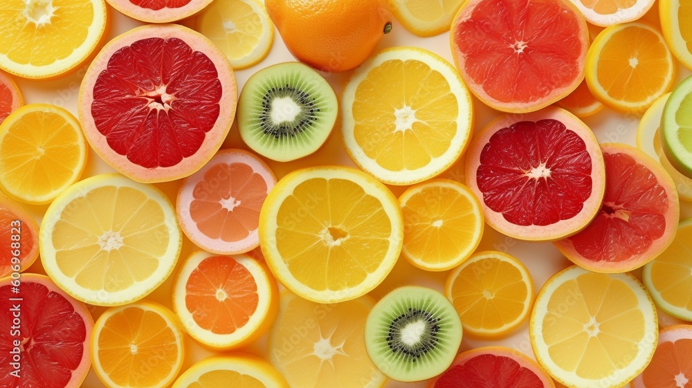 Concept of healthy eating, dieting, top down, flat lay fashionable seamless pattern of sliced mixed citrus fruits like backdrop with various berries. GENERATE AI Concept of healthy eating, dieting, top down, flat lay fashionable seamless pattern of sliced mixed citrus fruits like backdrop with various berries. GENERATE AI
