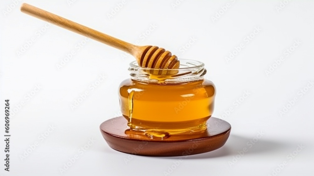 Top view of a honey jar with a wooden honey dipper on a white backdrop with copy space. delicious bottle of honey. GENERATE AI Top view of a honey jar with a wooden honey dipper on a white backdrop with copy space. delicious bottle of honey. GENERATE AI