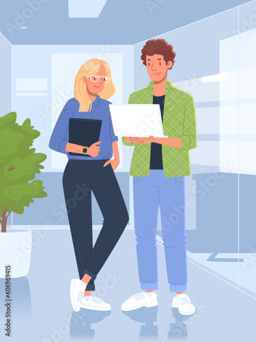 Employees discuss tasks and new projects while standing in the office. Colleagues are working. Vector illustration