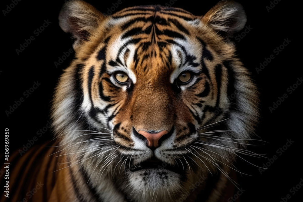 Tiger face on black background, Generative AI