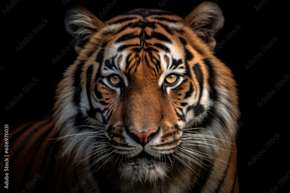 Tiger face on black background, Generative AI