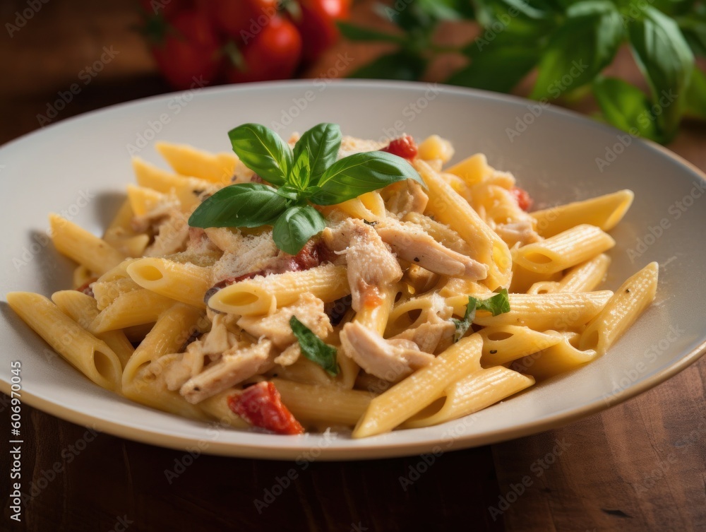Penne pasta in tomato sauce with chicken in a bowl. Generative AI Penne pasta in tomato sauce with chicken in a bowl. Generative AI