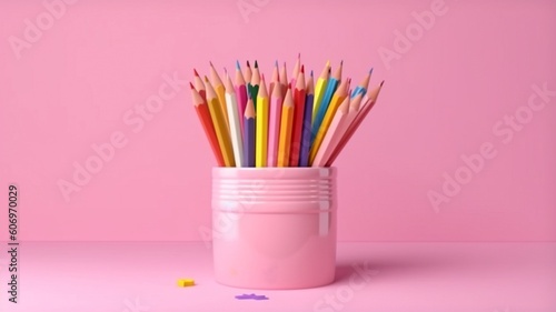 Collection of school materials against a pink backdrop. returning to school idea.  GENERATE AI