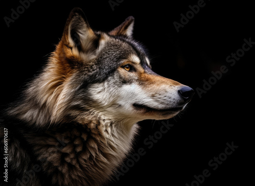 Portrait of adult wolf on black background, Generative AI © Sasint