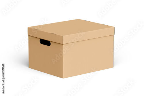  Blank packaging brown cardboard box for product on a white cardboard 3d Render © Ram Studio