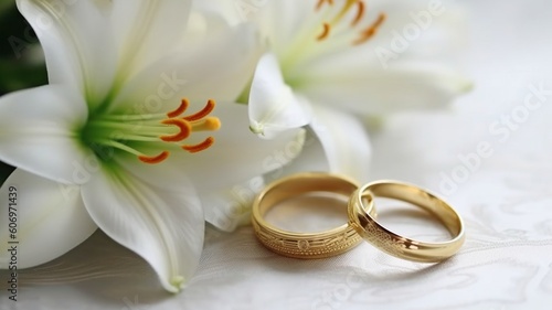 A white backdrop with a pair of wedding rings on it and lovely white lilies in the distance. Concept of love and commitment. GENERATE AI © Sawitree88