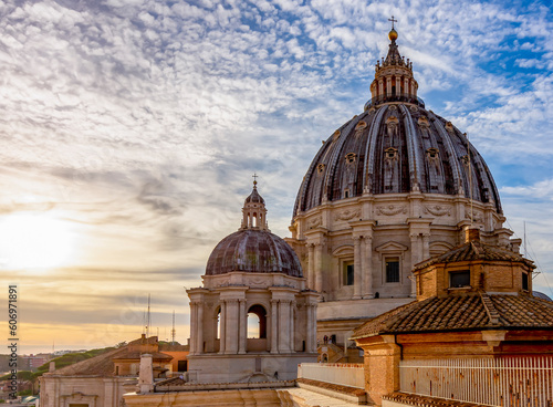 St. Peter's basilica dome in Vatican aat sunset