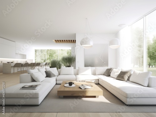 Minimal white modern living room with modern comfortable furniture. Generative AI