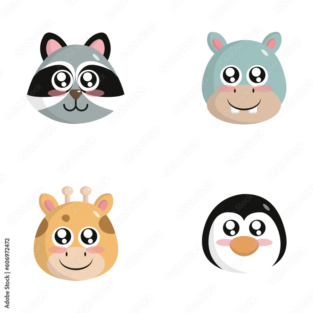 Set of vector animal faces. Illustrations of cute animal heads. Smiling animals. Children cartoons. cute animal head
