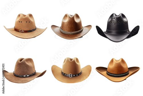 Different cowboy cap types collection photo realistic. Transparent background, generative AI photo