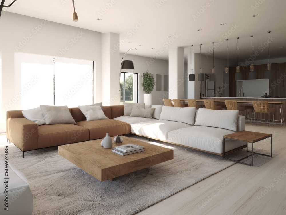 Fototapeta premium Minimal white modern living room with modern comfortable furniture. Generative AI