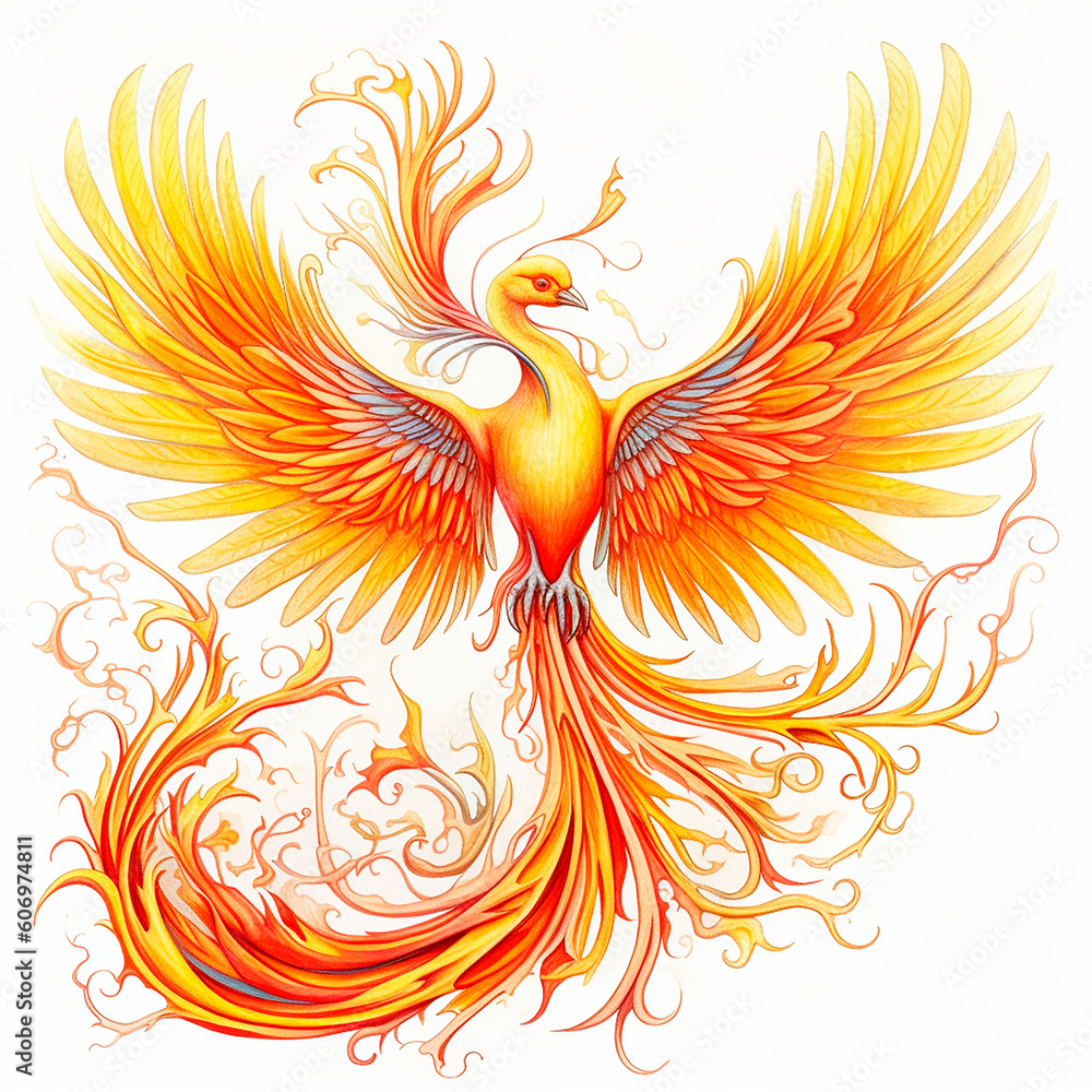 Obraz premium drawn phoenix in full growth in flight on a white background created with Generative Ai technology