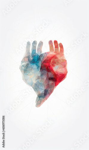 two hands red and blue low poly on a white background created with Generative Ai technology